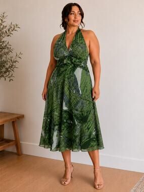Jonathan Martin 16W Green Floral Halter Midi Dress Forest Garden Fairy Y2k Boho